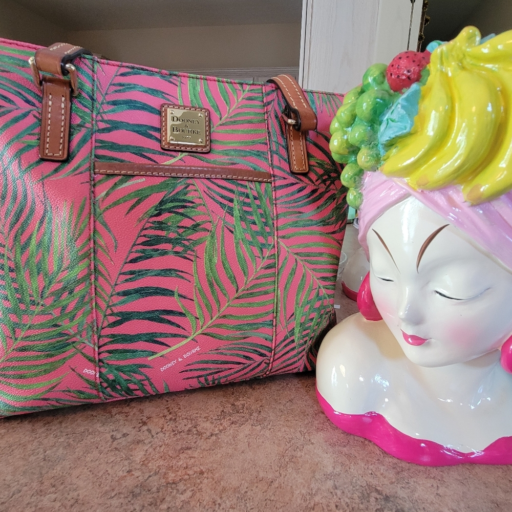 Dooney & Bourke Pink & Green Siesta Key Palm Leaf Print Tote  Coated Canvas